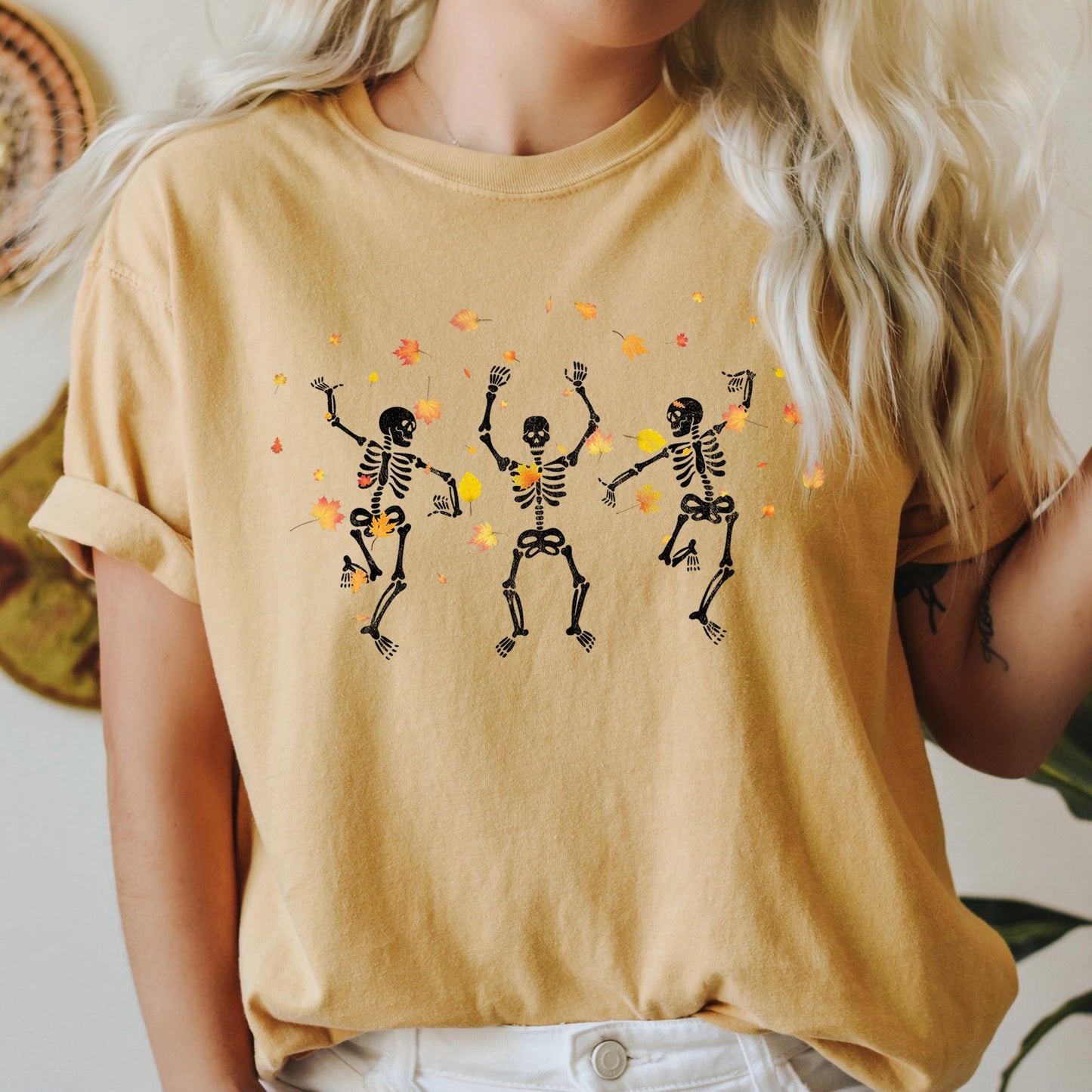 Dancing Skeletons And Leaves Retro Halloween Comfort Colors Tshirt