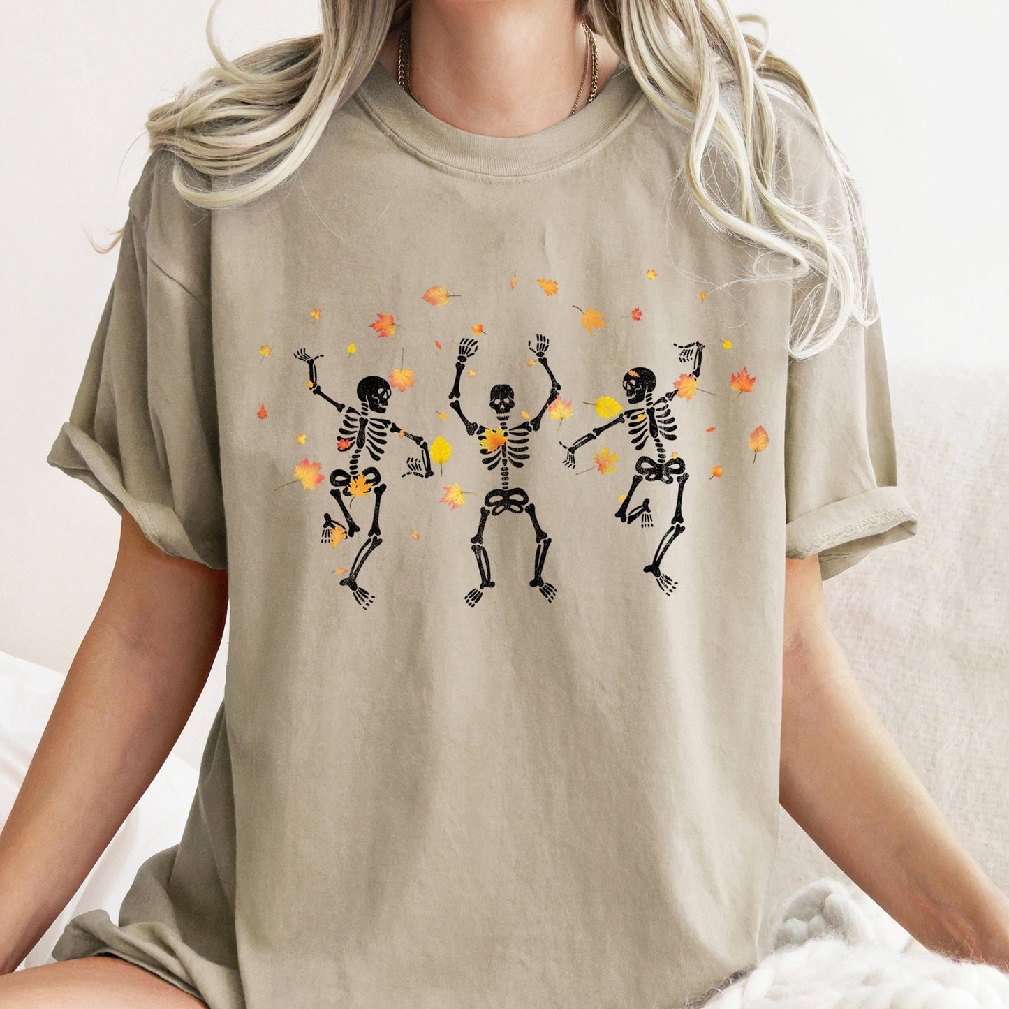 Dancing Skeletons And Leaves Retro Halloween Comfort Colors Tshirt