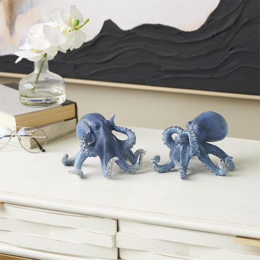 Dark Blue Polystone Octopus Small Distressed Decorative Sculpture