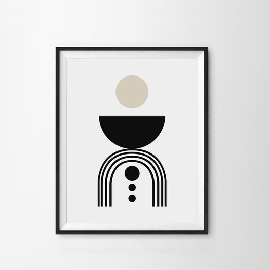 Framed abstract art print with geometric shapes on a white background