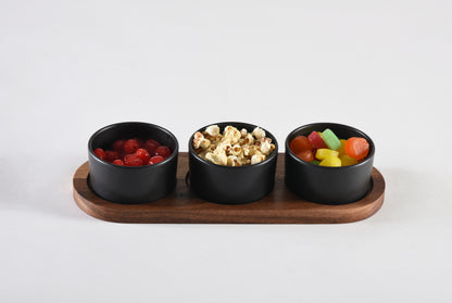 Black Ceramic Condiment Set on Acacia Wood Base | Kitchen [Wood] | Kitchen + Metal