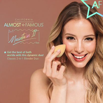 Woman holding a beauty blender with promotional text for 'California Almost Famous' on a brown background