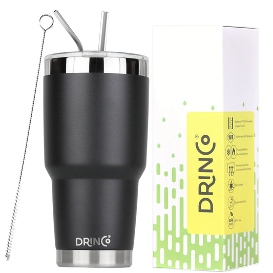 DRINCO® 30oz Insulated Tumbler Spill Proof Lid w/2 Straws (Black) | Coffee Mug | Kitchen + Metal |