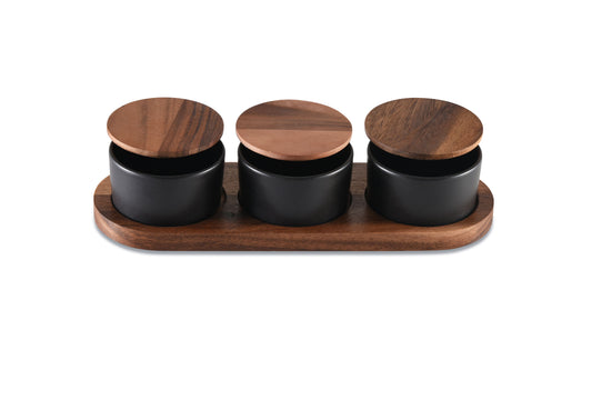Black Ceramic Condiment Set on Acacia Wood Base | Kitchen [Wood] | Kitchen + Metal