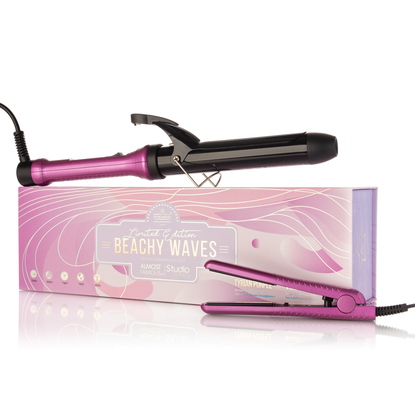 Pink hair straightener with packaging labeled 'Beachy Waves' on a white background