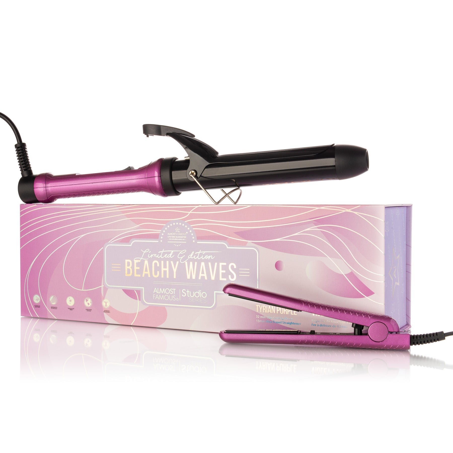Pink hair straightener with packaging labeled 'Beachy Waves' on a white background