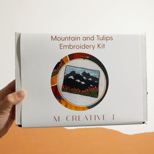 Mountain Landscape with Tulips DIY Beginner Embroidery Kit