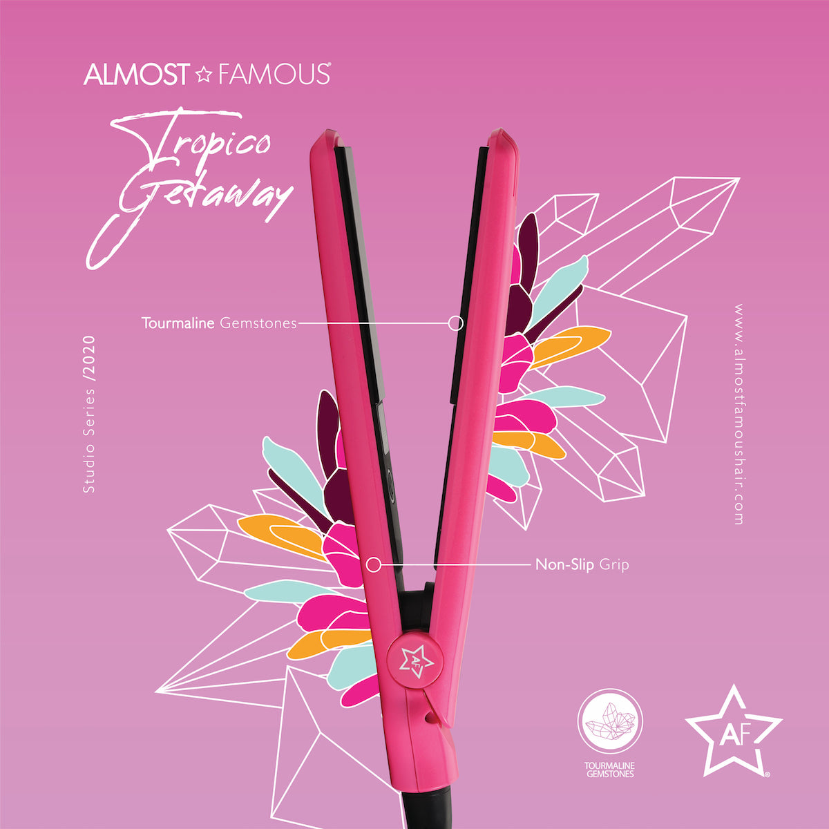 Pink hair straightener with features highlighted on a pink background, featuring the brand 'Almost Famous'.