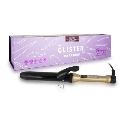 Black and gold hair straightener with 'Glister' packaging on a white background