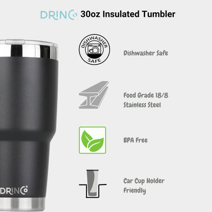 DRINCO® 30oz Insulated Tumbler Spill Proof Lid w/2 Straws (Black) | Coffee Mug | Kitchen + Metal |