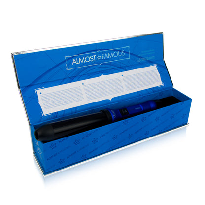 Blue box with a black object inside, branded 'Almost Famous'.