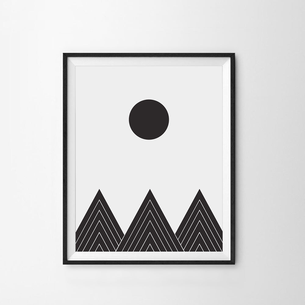 Framed black and white abstract art print with geometric shapes on a light gray background