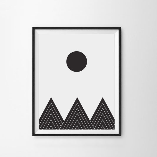 Framed black and white abstract art print with geometric shapes on a light gray background