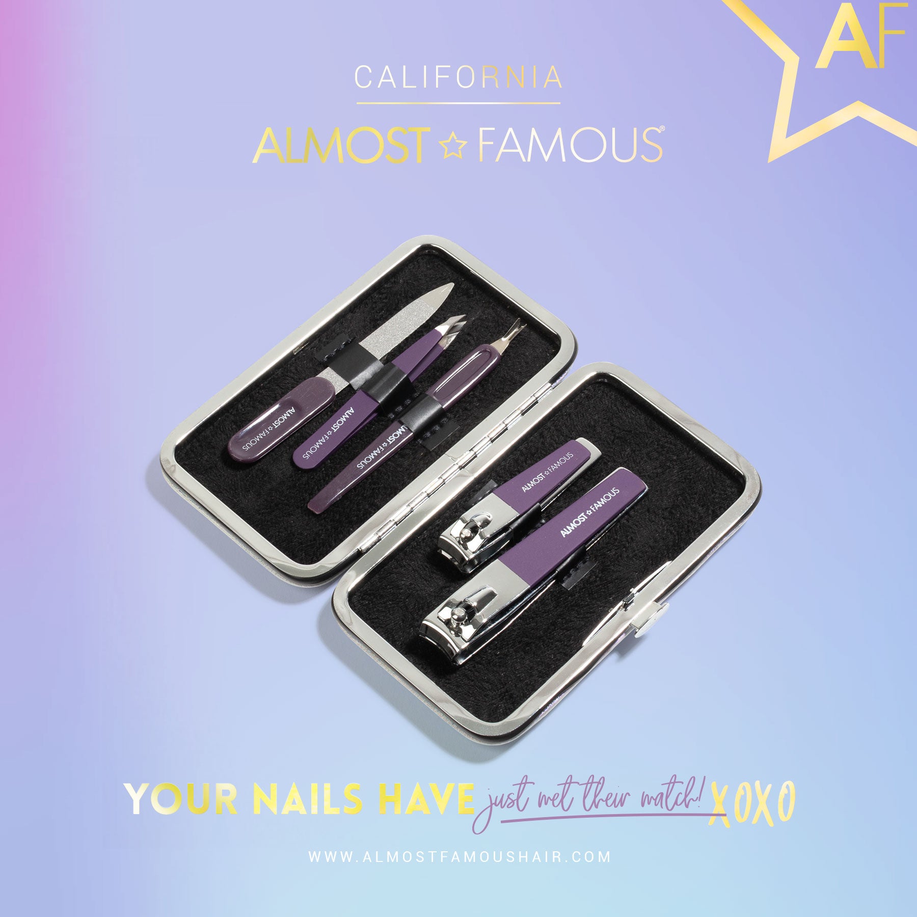 Nail care set with tools in a case on a gradient background with 'California Almost Famous' branding.