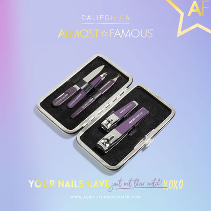 Nail care set with tools in a case on a gradient background with 'California Almost Famous' branding.