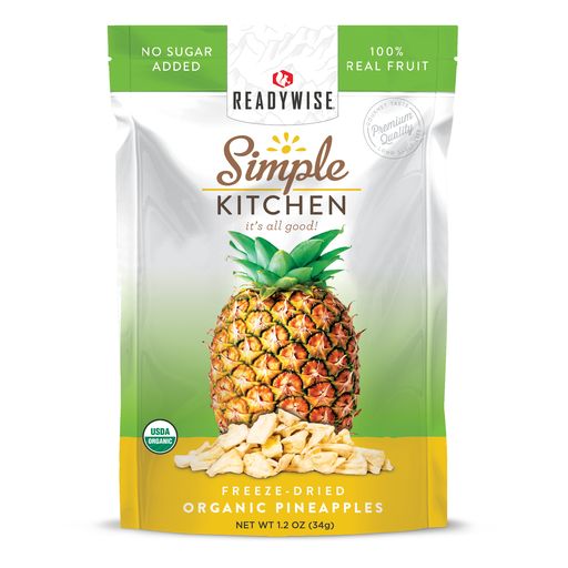 Packaging of ReadyWise Simple Kitchen freeze-dried organic pineapples with a picture of a pineapple and the package stating 'no sugar added', '100% real fruit', and 'net 1.5 oz (42g)'.