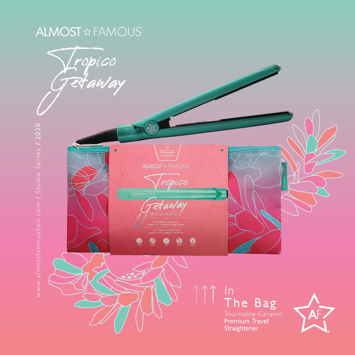 Green hair straightener with packaging on a pink and green gradient background, featuring 'Almost Famous' branding.