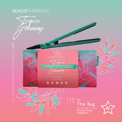 Green hair straightener with packaging on a pink and green gradient background, featuring 'Almost Famous' branding.