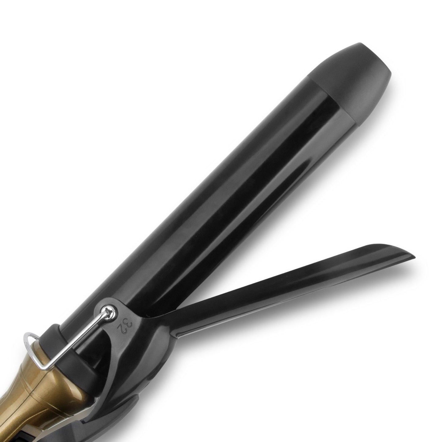 Black and gold hair straightener on a white background