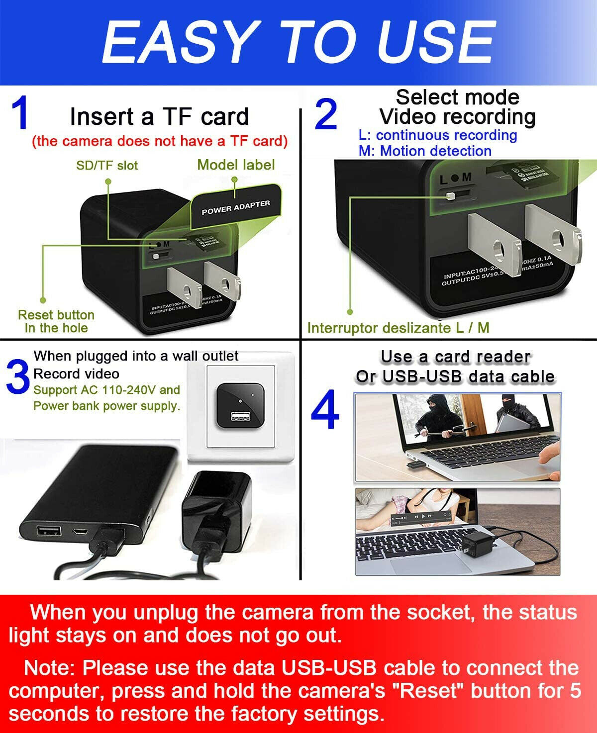 Hidden Camera HD 1080P USB Charger Home Security | The Electronics Drawer | Kitchen + Metal