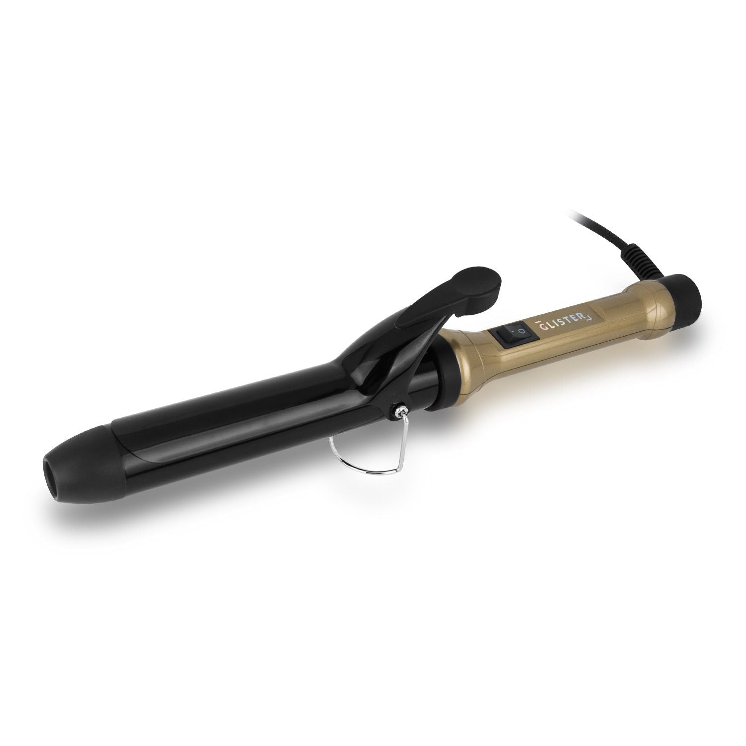 Black and gold curling iron on a white background