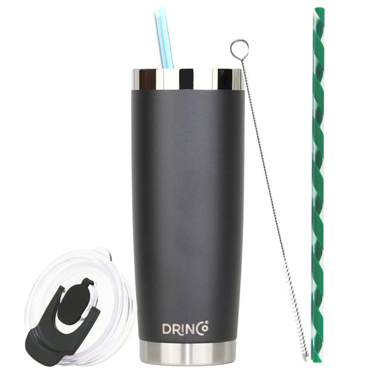 DRINCO®  20oz Insulated Tumbler w/Spill Proof Lid, 2 Straws (Black) | Coffee Mug | Kitchen + Metal |
