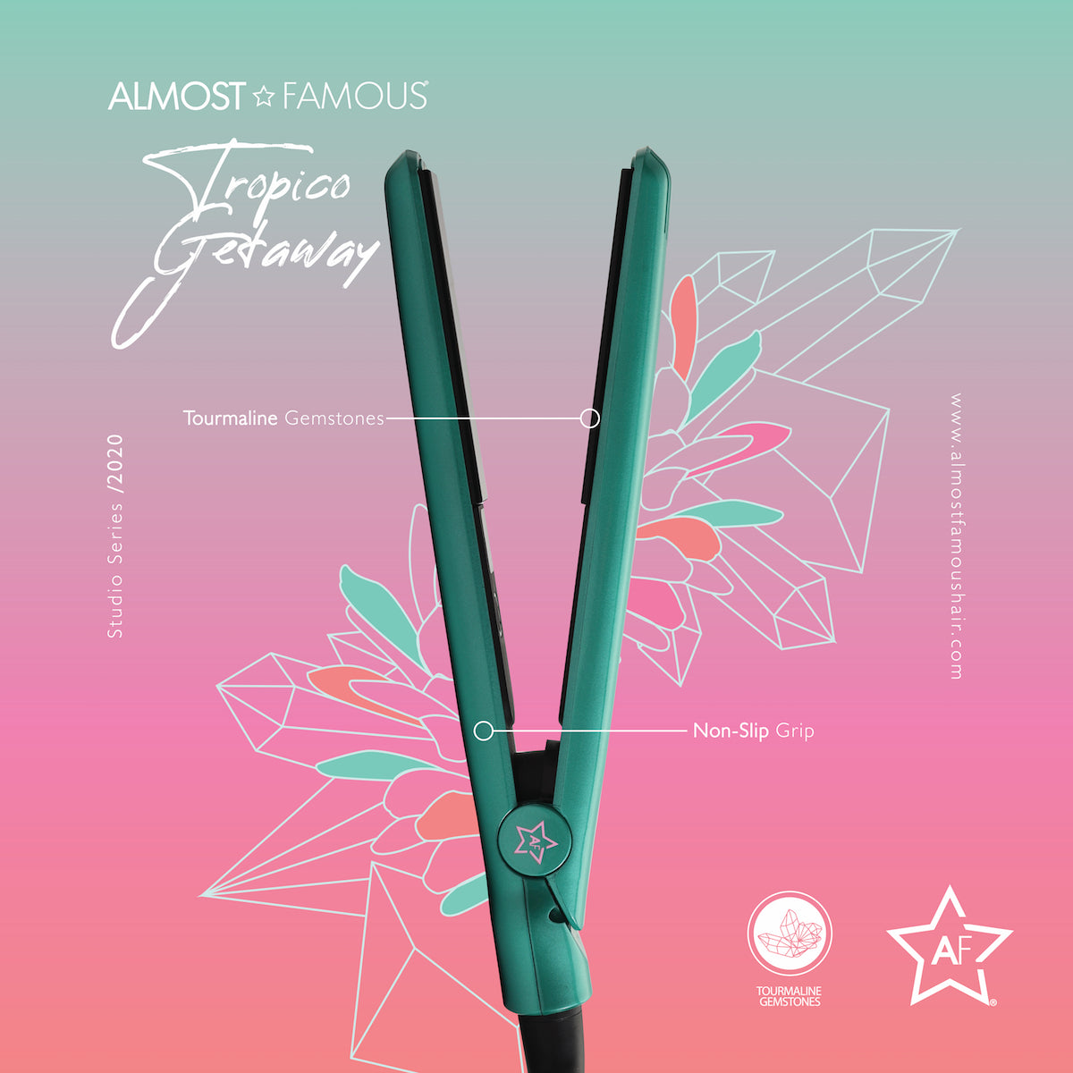 Teal hair straightener on a colorful background with 'Almost Famous' branding.
