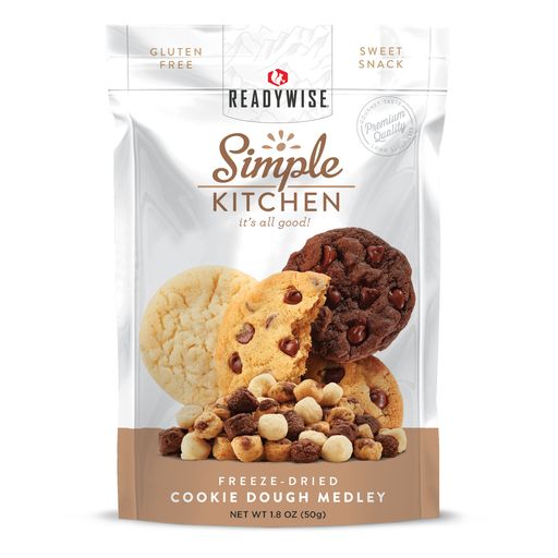 Packaging of ReadyWise Simple Kitchen freeze-dried cookie dough medley with images of cookies on the front.