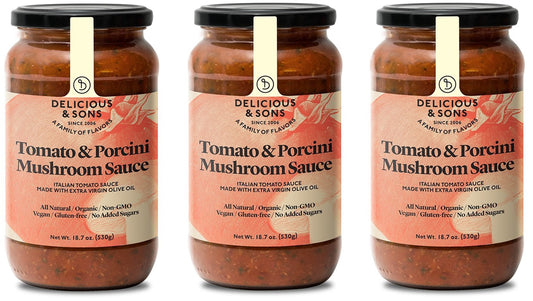 Delicious & Sons Organic Tomato & Porcini Mushroom Pasta Sauce 3 Pack | Kitchen + Metal