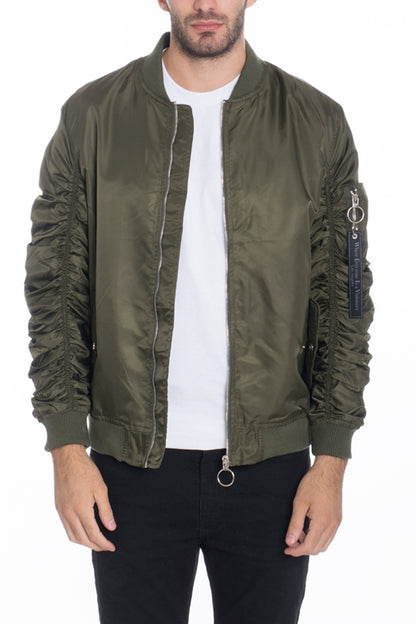 Solid Polyester Scrunched Windbreaker Bomber Jacket