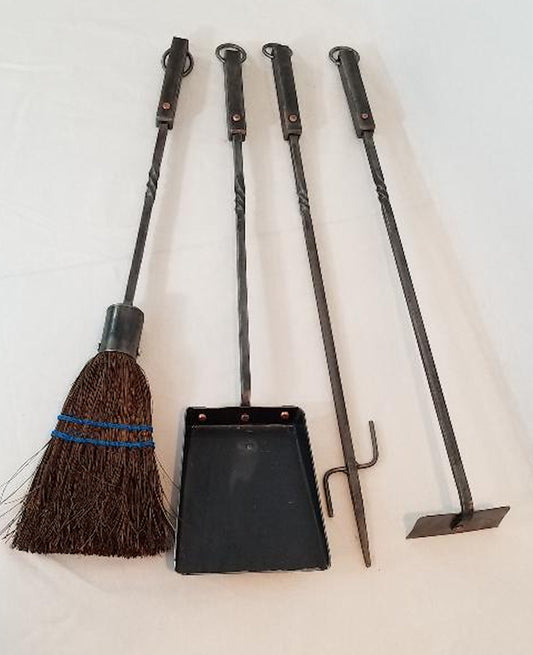 Fireplace tool set, forged iron 5 piece with square handles