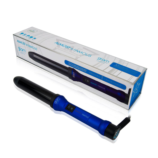 Blue hair straightener with 'Almost Famous Glam' packaging on a white background