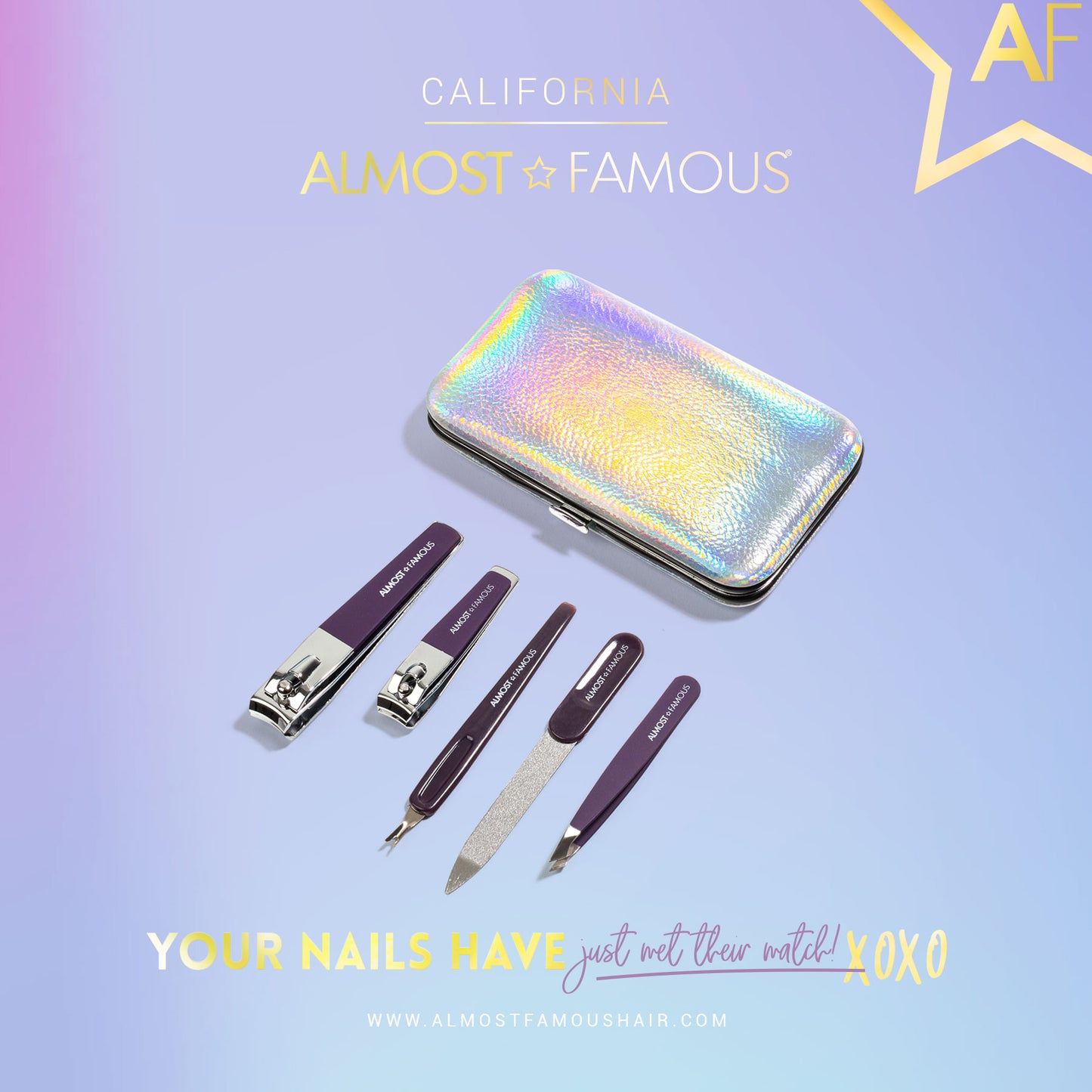 Nail care set with a colorful case on a gradient background, featuring the brand 'California Almost Famous'.