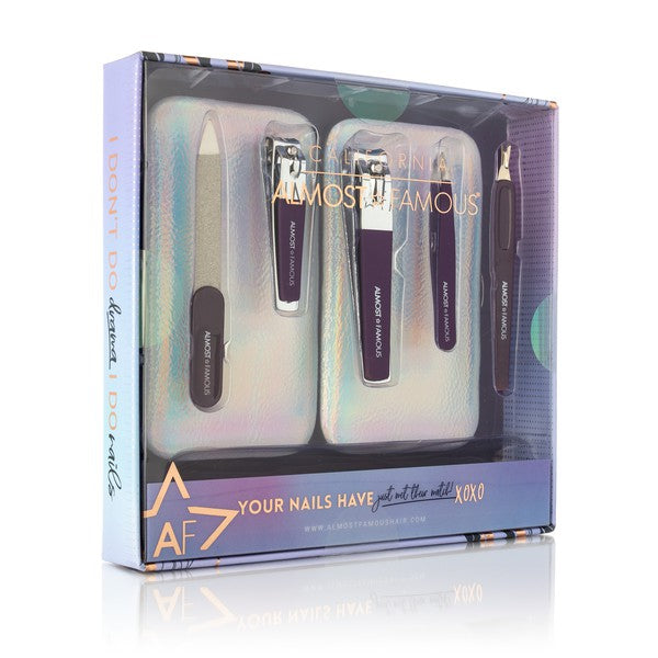 Nail care set in a 'Almost Famous' branded box on a white background