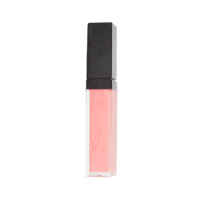 Pink lip gloss with black cap on a white background