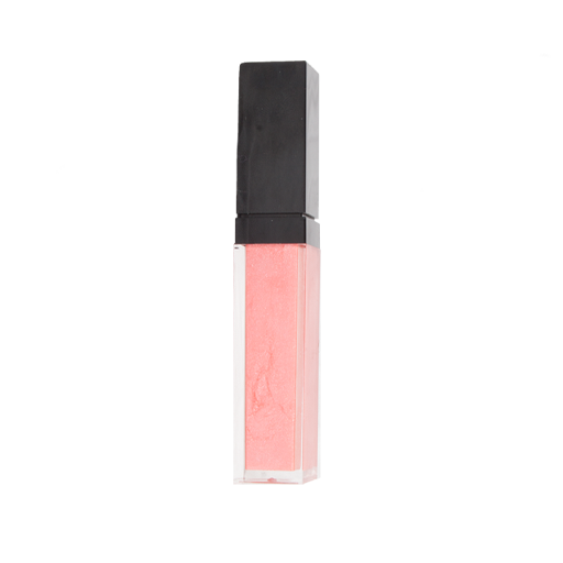 Pink lip gloss with black cap on a white background