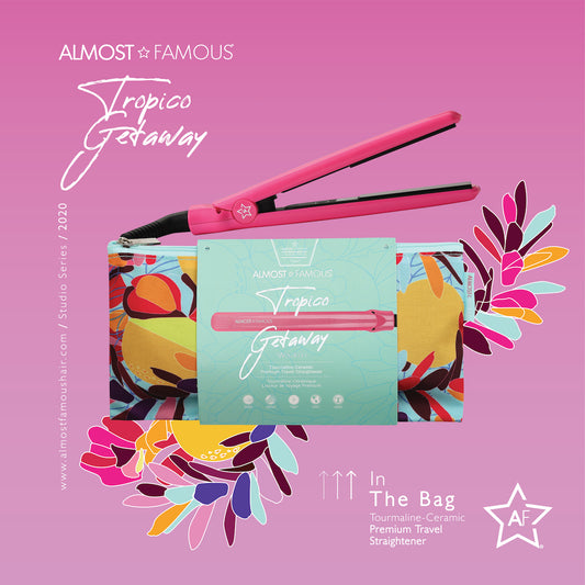Pink hair straightener with colorful packaging on a pink background, featuring 'Almost Famous' branding.