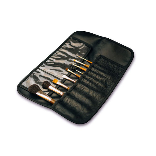 Set of makeup brushes in a black case on a white background