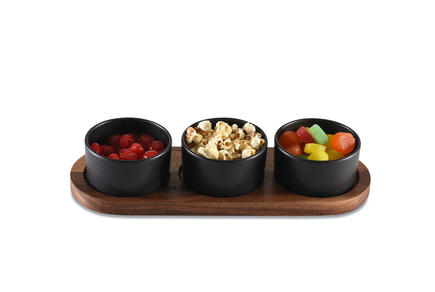 Black Ceramic Condiment Set on Acacia Wood Base | Kitchen [Wood] | Kitchen + Metal