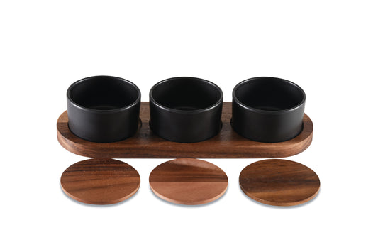 Black Ceramic Condiment Set on Acacia Wood Base | Kitchen [Wood] | Kitchen + Metal