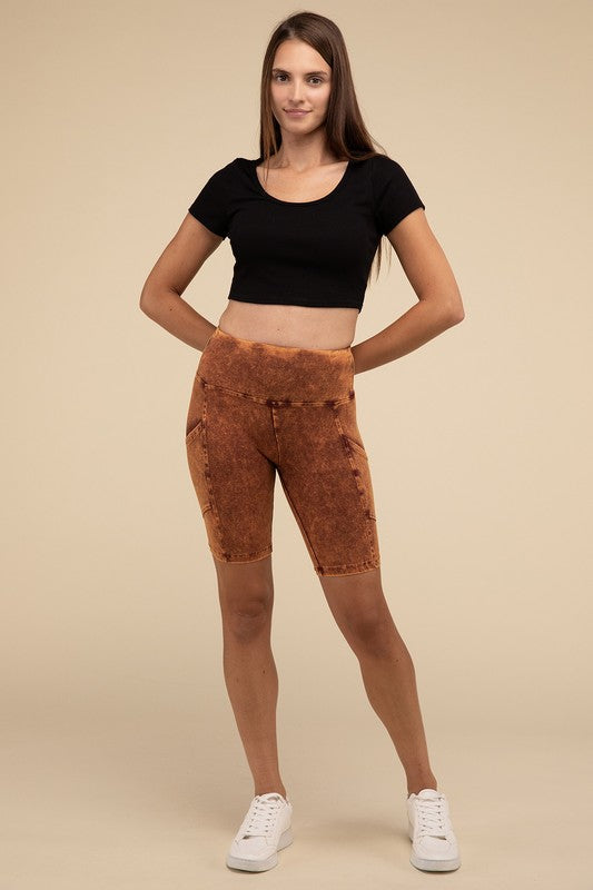 ZENANA Mineral Wash Wide Waistband Pocket Leggings