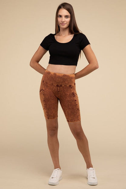 ZENANA Mineral Wash Wide Waistband Pocket Leggings