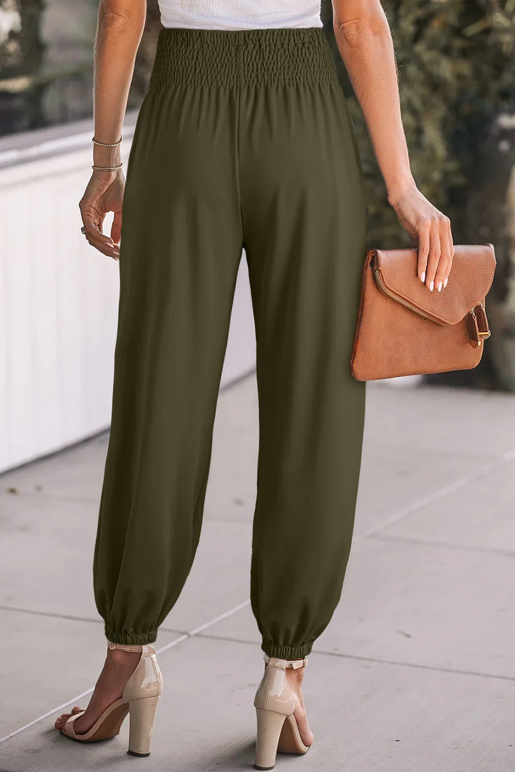 Navy Blue Shirred Smocked High Waist Joggers