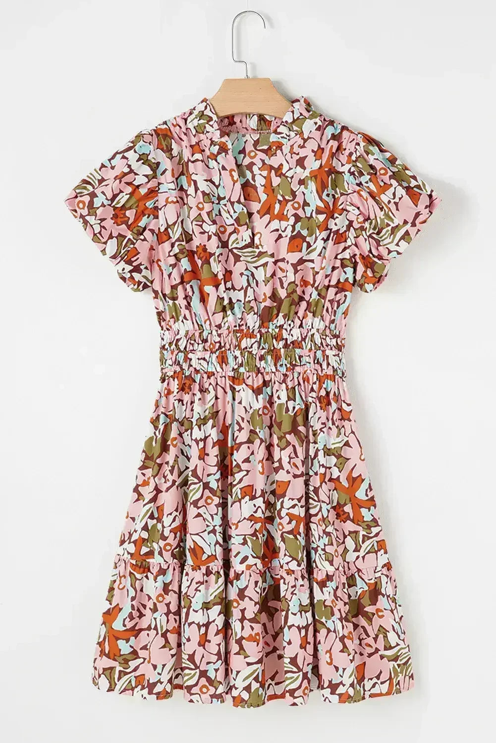 Pink Floral Print Puff Sleeve Shirred High Waist Mini Dress