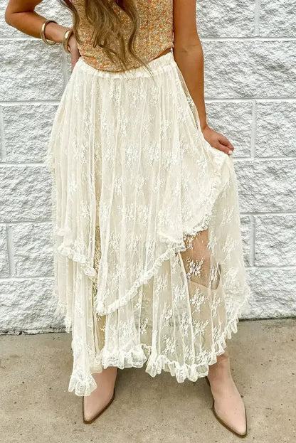 Beige Lace Cascading Tiered High Waist Maxi Skirt