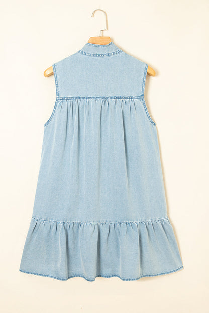 Beau Blue Bowknot Neck Ruffle Sleeveless Mini Dress