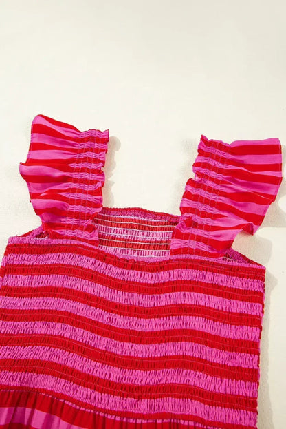 Rose Stripe Ruffle Strap Shirred Bodice Tiered Maxi Dress