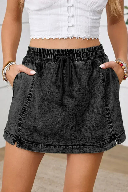 Dusk Blue Drawstring High Waist Pocketed Denim Shorts