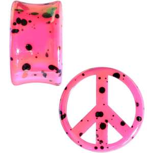Black Speckled Pink Acrylic Peace Sign Saddle Plug Set 10mm to 20mm