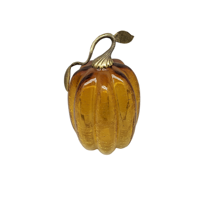 Handblown Glass Amber Pumpkin with Metal Stem - 9 Inch